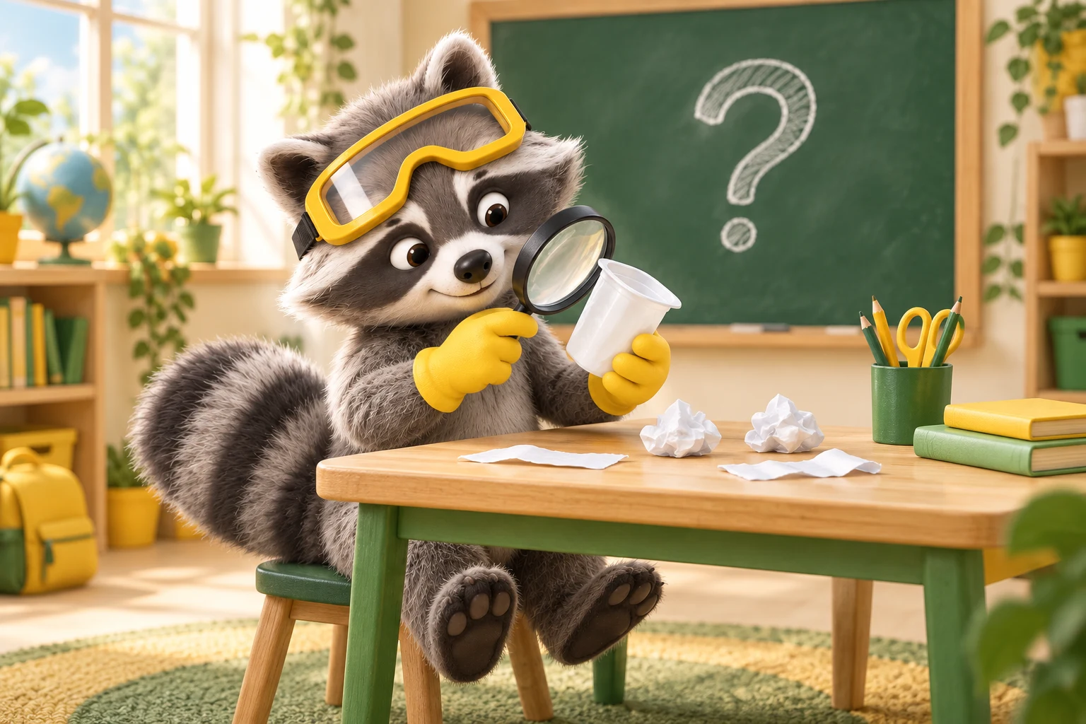 Tonnio untersucht einen leeren Becher mit einer Lupe am Tisch im Klassenzimmer.
